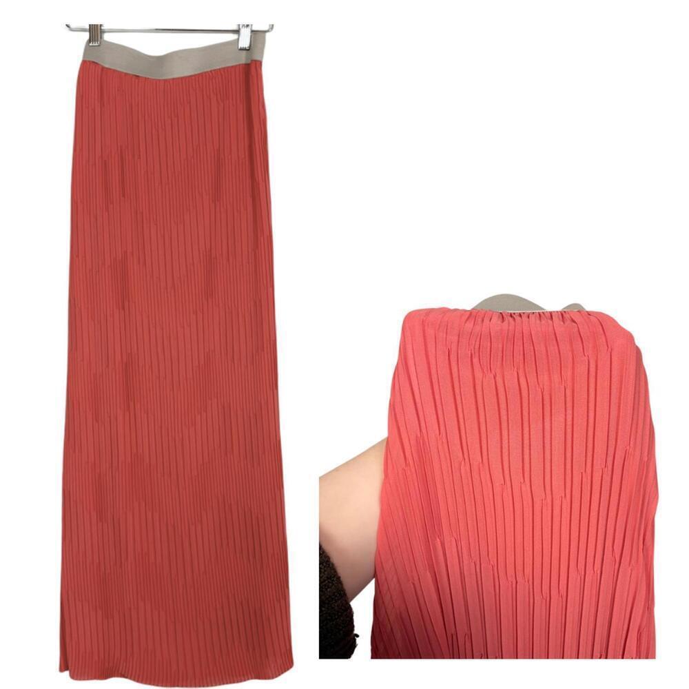 For Cynthia Pleated Chiffon Orange Pink Coral Maxi Skirt Sz: S